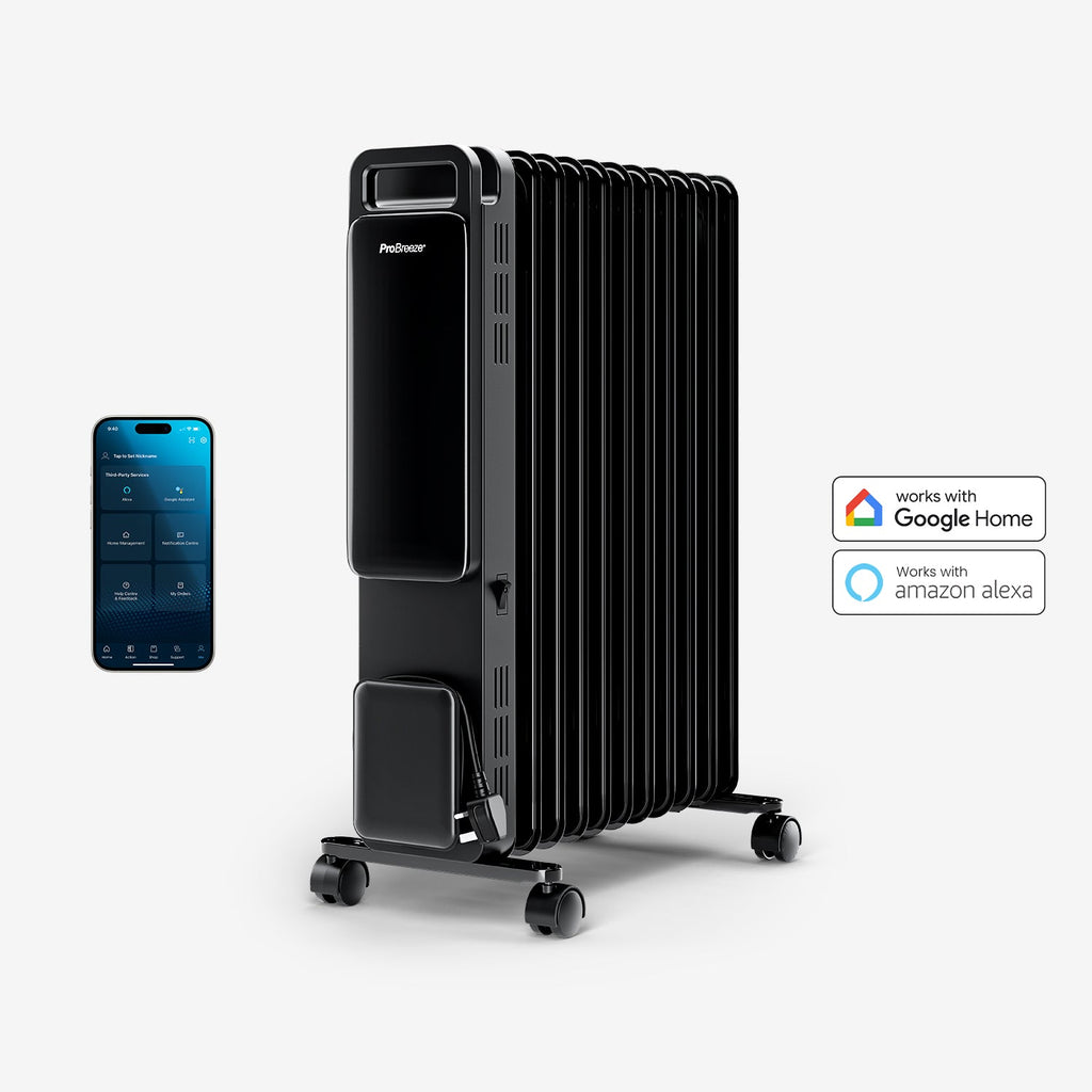 OmniWarm 2500W Oil Filled 11 Fins Eco Radiator Heater With Digital Display and Smart App Control - Black
